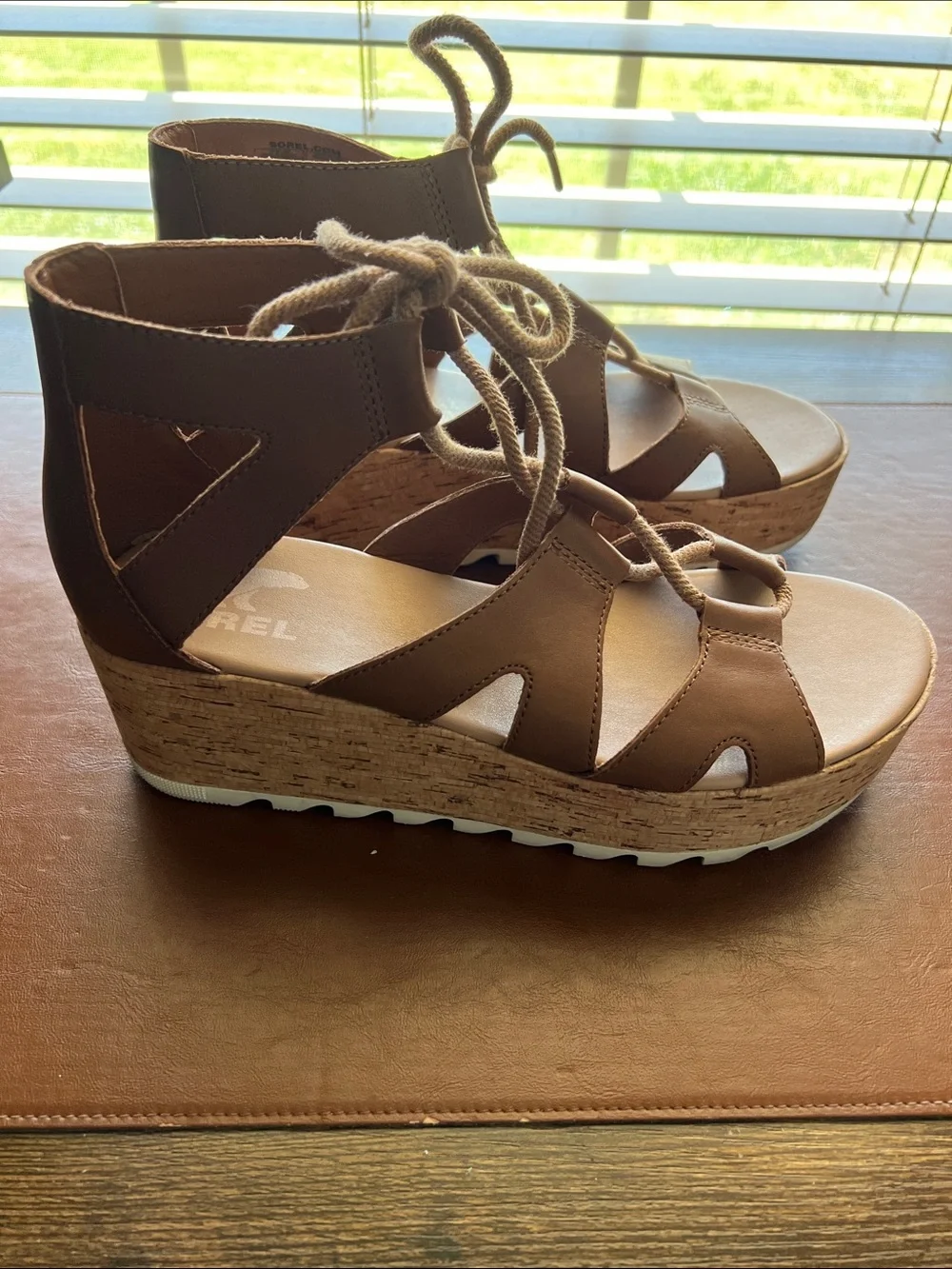 Sorel Brown Lace-Up Cork Wedge Sandals